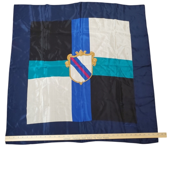 Vintage Anne Klein Blue and Gold Geometric Crest Scarf. 100% Silk. 34" x 34" - Picture 7 of 7